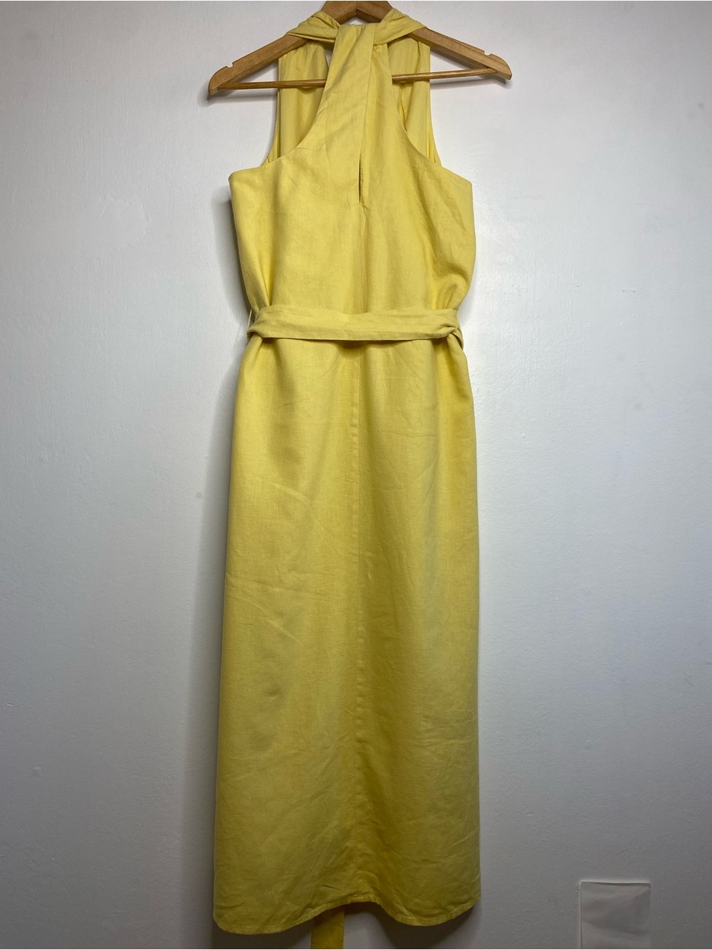 Linen-Blend Twist-Back Midi Dress Size M Pastel yellow Resort Vaca - Picture 8 of 11